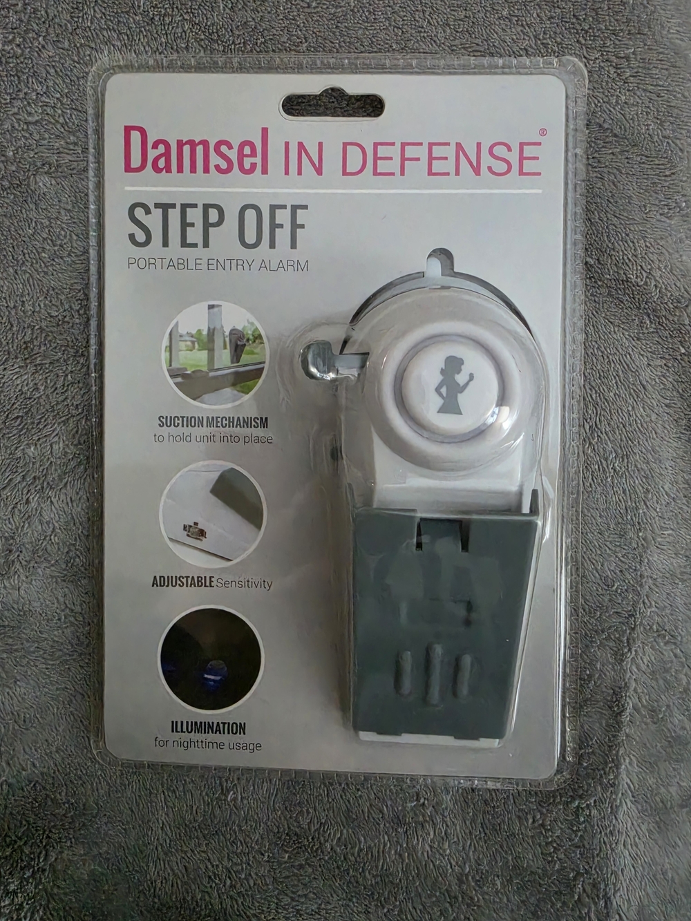 ^ Damsel In Defense Step Off Portable Entry Alarm - White & Gray